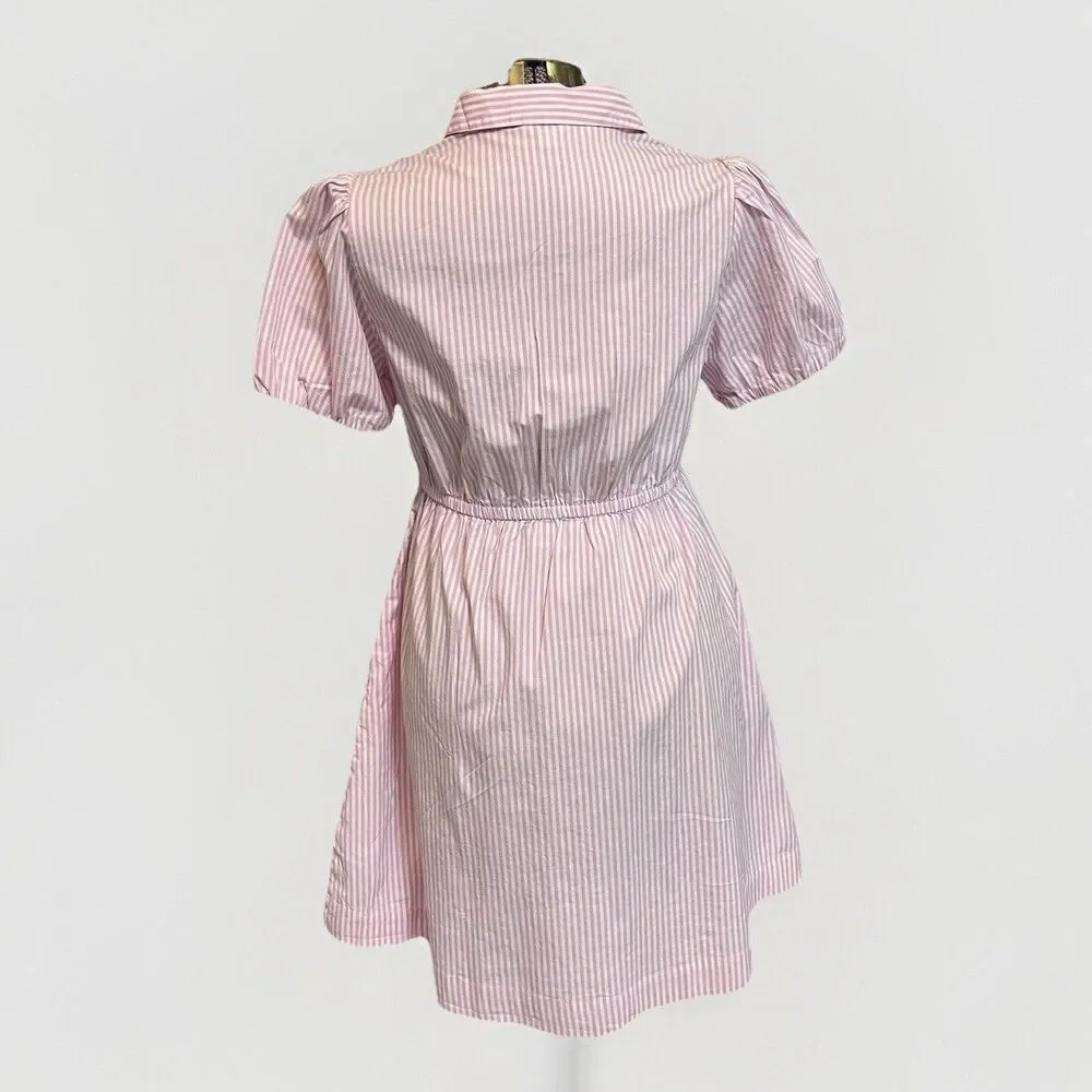 J Crew Puff Sleeve Stripe Mini Dress Womens 6 Pink Cottage Preppy Coastal Girly - Picture 3 of 9